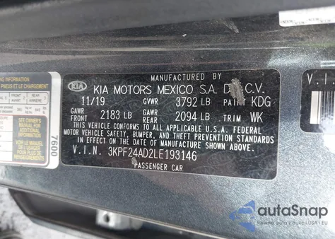 2020 Kia Forte Fe from USA, damaged, VIN 3KPF24AD2LE193146